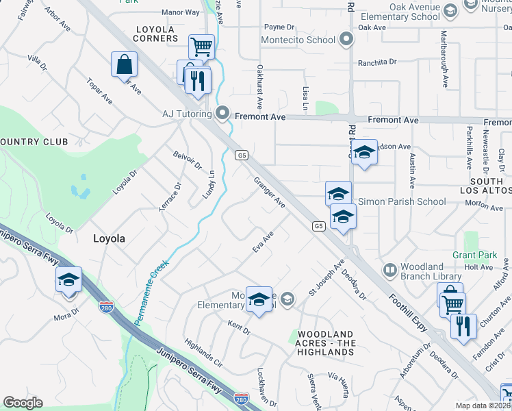 map of restaurants, bars, coffee shops, grocery stores, and more near 1245 Monte Verde Court in Los Altos