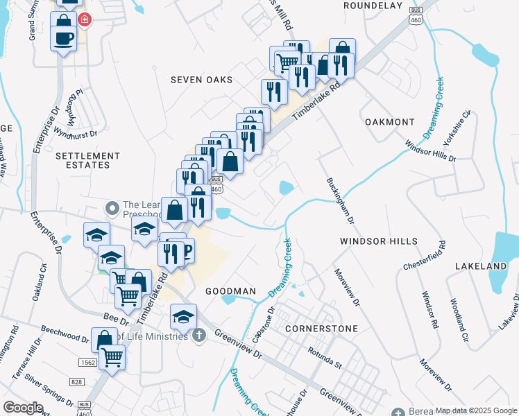 map of restaurants, bars, coffee shops, grocery stores, and more near 8022 Timberlake Road in Lynchburg