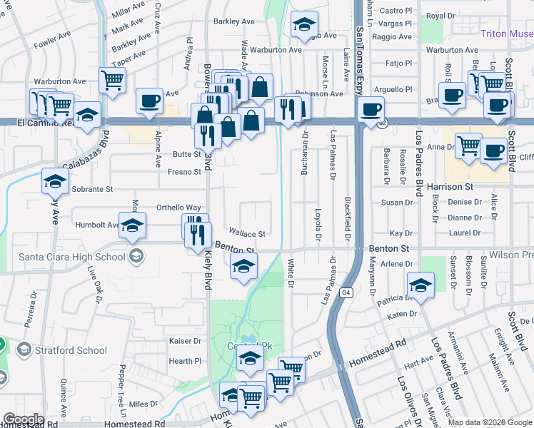 map of restaurants, bars, coffee shops, grocery stores, and more near 1232 Foley Avenue in Santa Clara