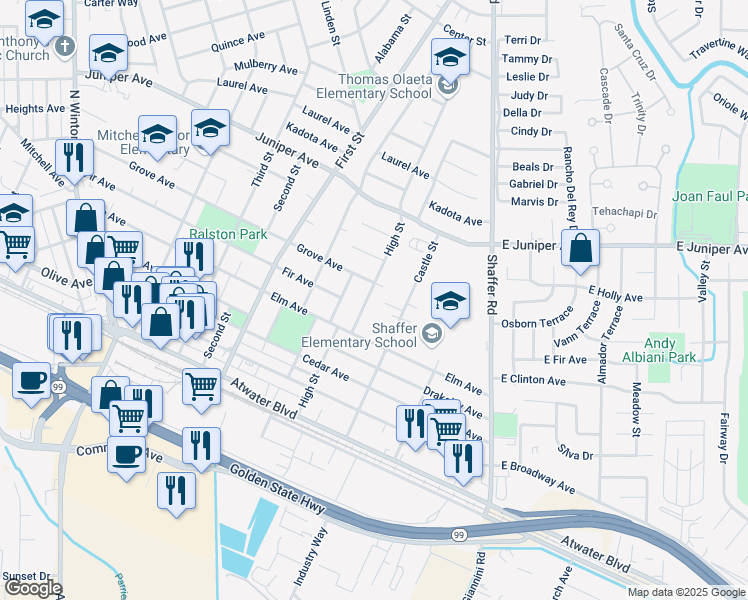 map of restaurants, bars, coffee shops, grocery stores, and more near 1599 High Street in Atwater
