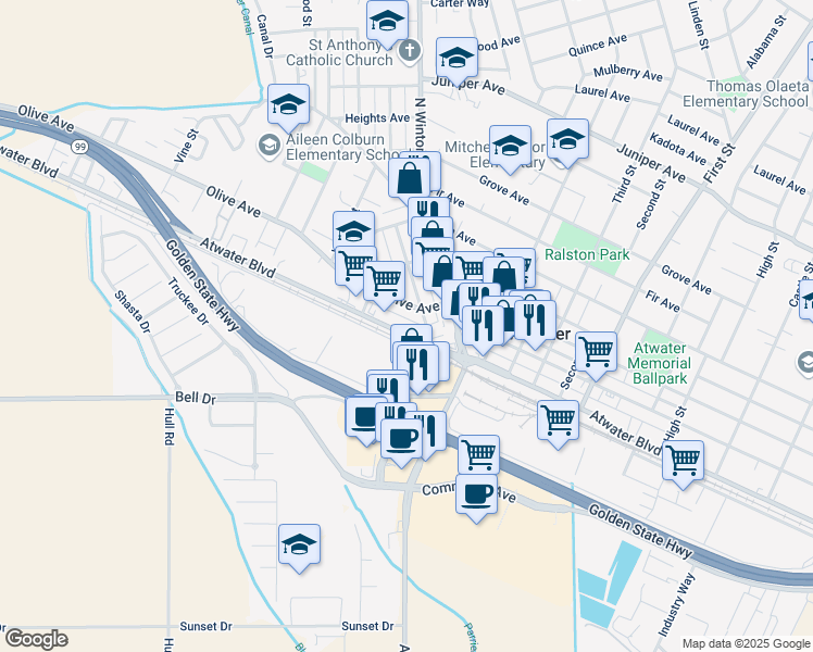 map of restaurants, bars, coffee shops, grocery stores, and more near 1737 Atwater Boulevard in Atwater