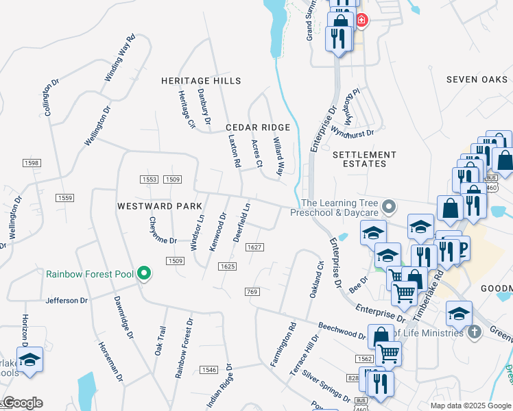 map of restaurants, bars, coffee shops, grocery stores, and more near 702 Laxton Road in Lynchburg
