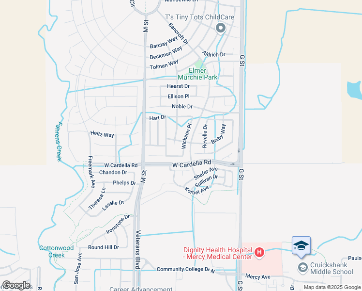 map of restaurants, bars, coffee shops, grocery stores, and more near 4325 Wickson Place in Merced