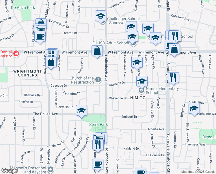 map of restaurants, bars, coffee shops, grocery stores, and more near 1406 Hollenbeck Avenue in Sunnyvale