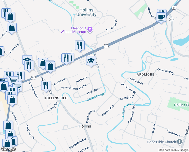 map of restaurants, bars, coffee shops, grocery stores, and more near 915 Peyton Street in Hollins