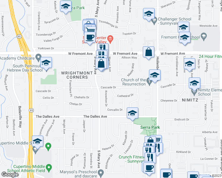 map of restaurants, bars, coffee shops, grocery stores, and more near 862 Cathedral Drive in Sunnyvale