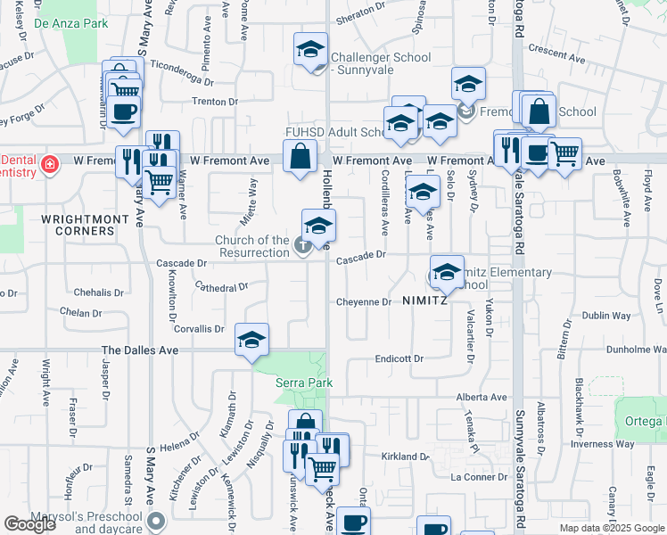 map of restaurants, bars, coffee shops, grocery stores, and more near 1406 Hollenbeck Avenue in Sunnyvale