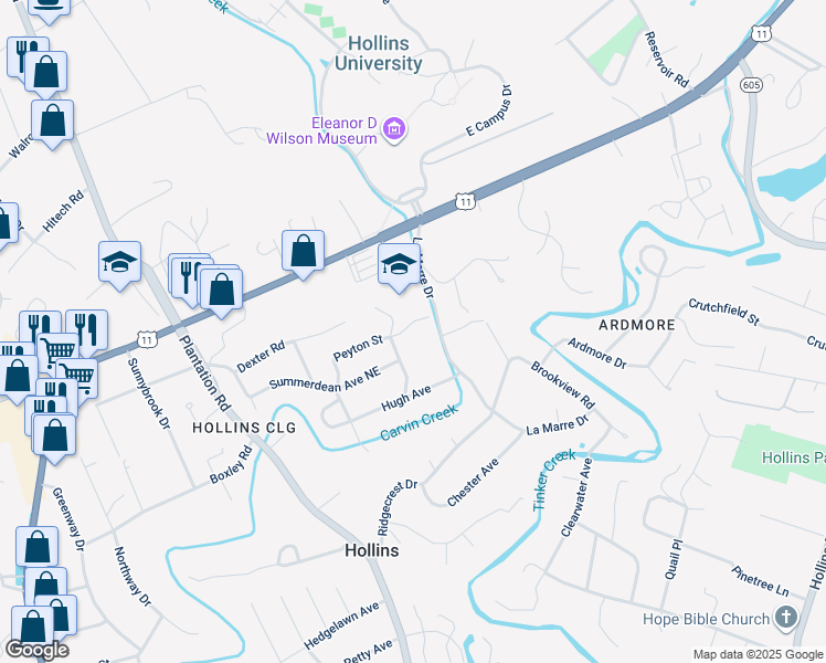 map of restaurants, bars, coffee shops, grocery stores, and more near 915 Peyton Street in Hollins