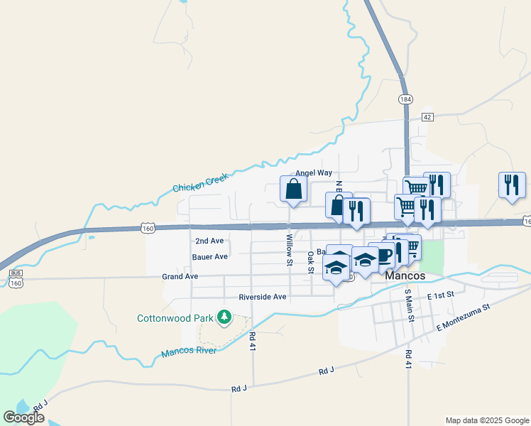 map of restaurants, bars, coffee shops, grocery stores, and more near 415 North Willow Street in Mancos