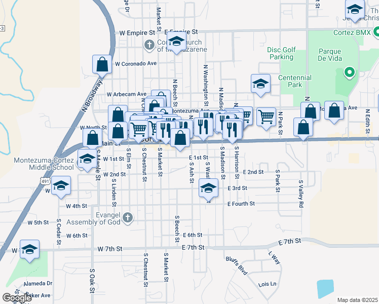 map of restaurants, bars, coffee shops, grocery stores, and more near 215 U.S. 160 in Cortez