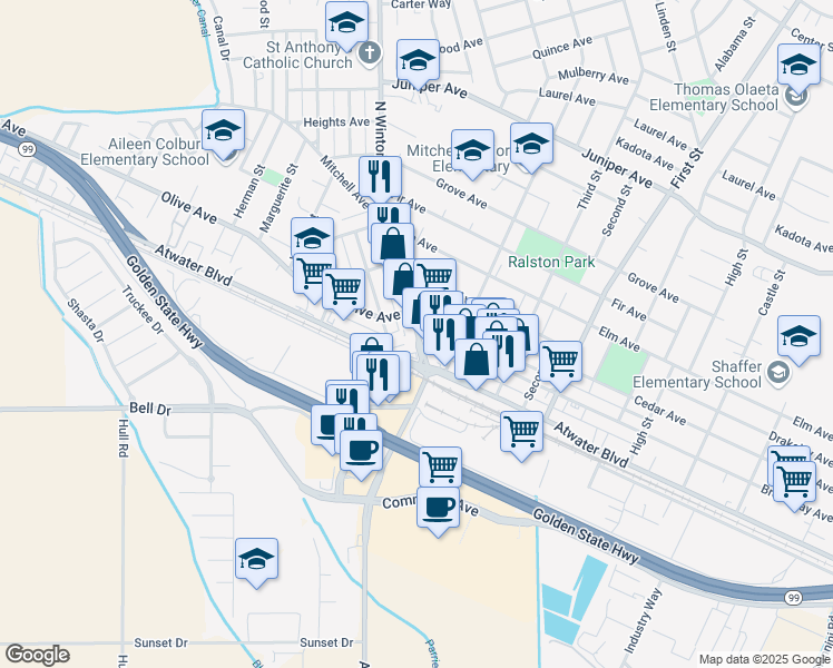map of restaurants, bars, coffee shops, grocery stores, and more near 1599 Broadway Avenue in Atwater