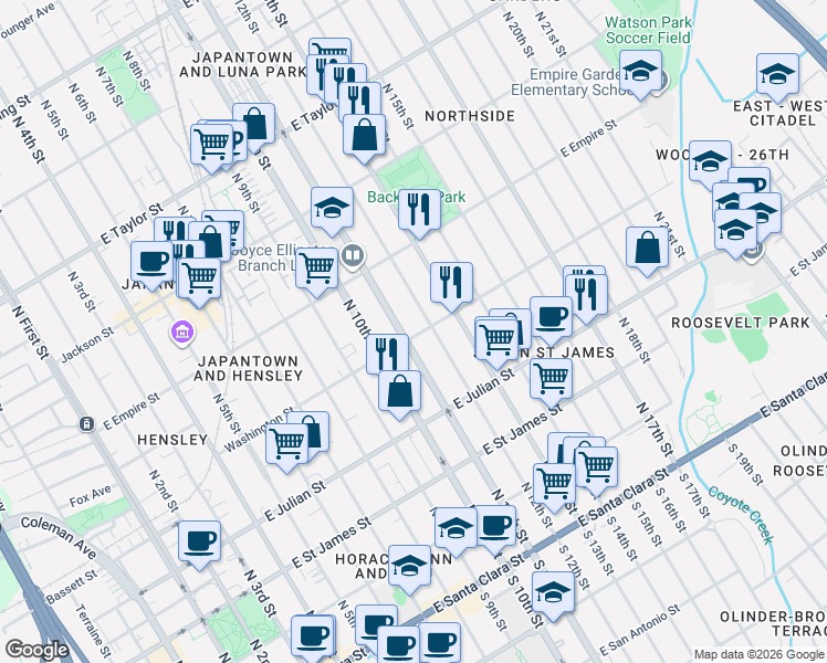map of restaurants, bars, coffee shops, grocery stores, and more near 414 North 12th Street in San Jose