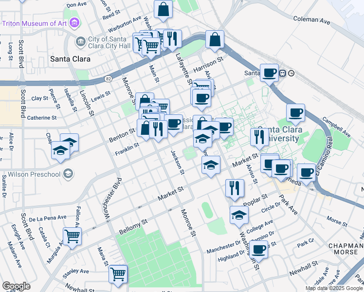 map of restaurants, bars, coffee shops, grocery stores, and more near in Santa Clara
