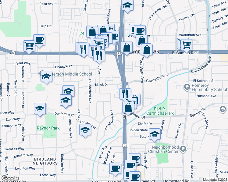 map of restaurants, bars, coffee shops, grocery stores, and more near 3700 Lillick Drive in Santa Clara