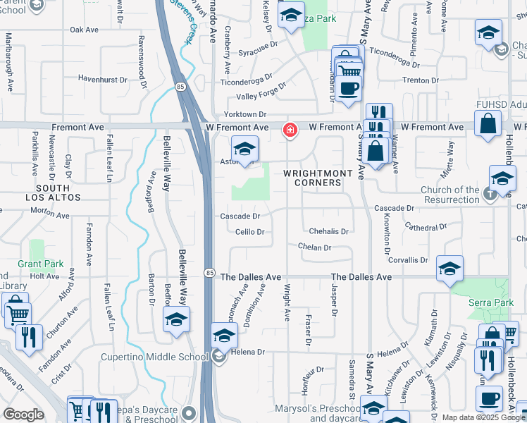 map of restaurants, bars, coffee shops, grocery stores, and more near 1385 Enderby Way in Sunnyvale