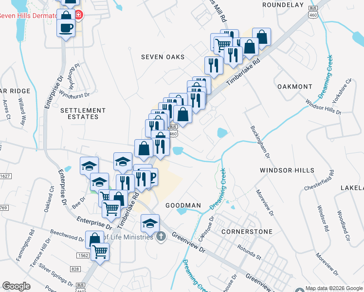 map of restaurants, bars, coffee shops, grocery stores, and more near Unnamed Road in Lynchburg
