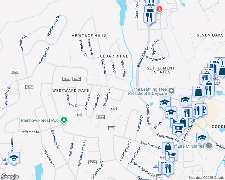 map of restaurants, bars, coffee shops, grocery stores, and more near 702 Laxton Road in Lynchburg