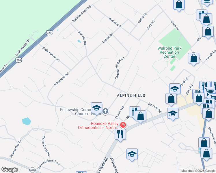 map of restaurants, bars, coffee shops, grocery stores, and more near 7935-7969 Barrens Road in Hollins