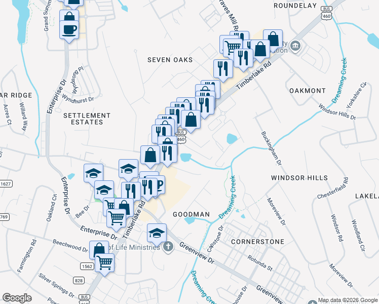 map of restaurants, bars, coffee shops, grocery stores, and more near Unnamed Road in Lynchburg