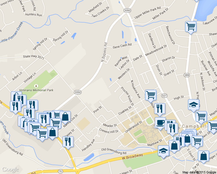 map of restaurants, bars, coffee shops, grocery stores, and more near 229 Western Drive in Campbellsville