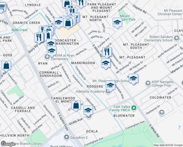 map of restaurants, bars, coffee shops, grocery stores, and more near 1572 Amesbury Way in San Jose
