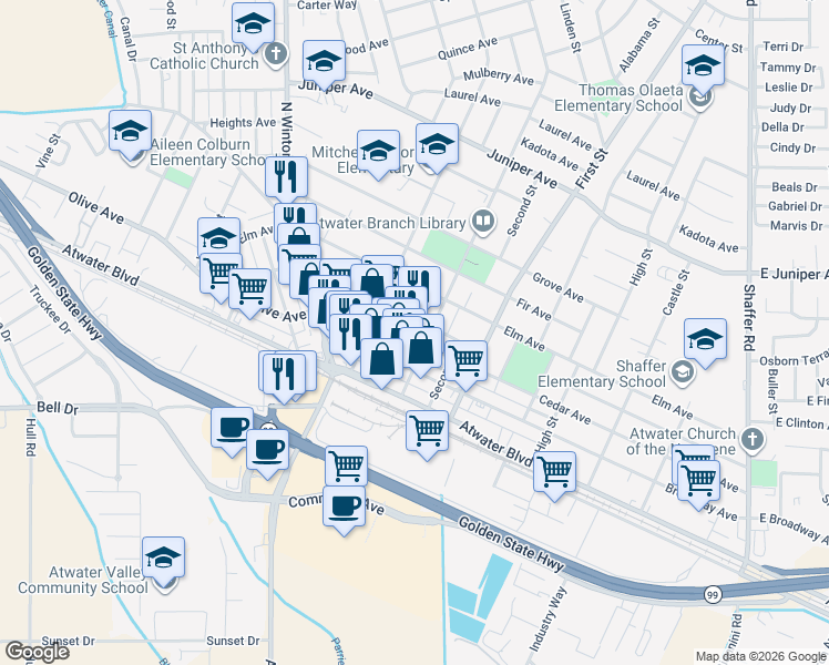 map of restaurants, bars, coffee shops, grocery stores, and more near 1251 Cedar Avenue in Atwater