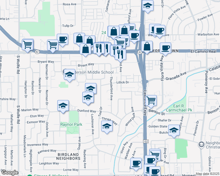 map of restaurants, bars, coffee shops, grocery stores, and more near 1133 Clydebank Court in Sunnyvale