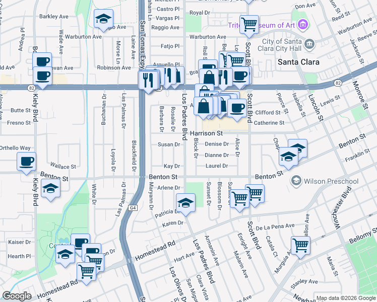 map of restaurants, bars, coffee shops, grocery stores, and more near 2318 Susan Drive in Santa Clara