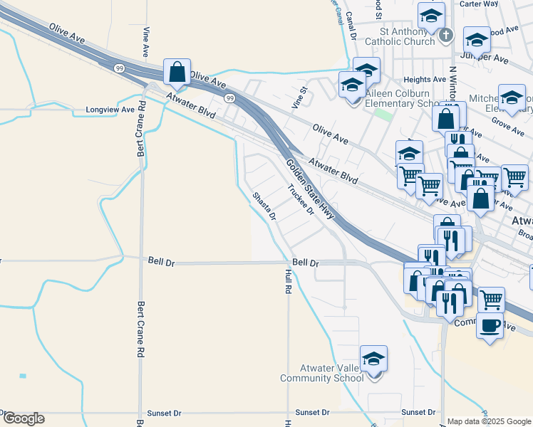 map of restaurants, bars, coffee shops, grocery stores, and more near 1953 Shasta Drive in Atwater
