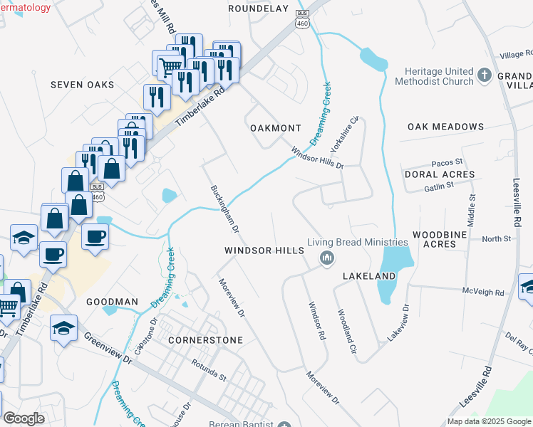 map of restaurants, bars, coffee shops, grocery stores, and more near 112 Sunbury Place in Lynchburg