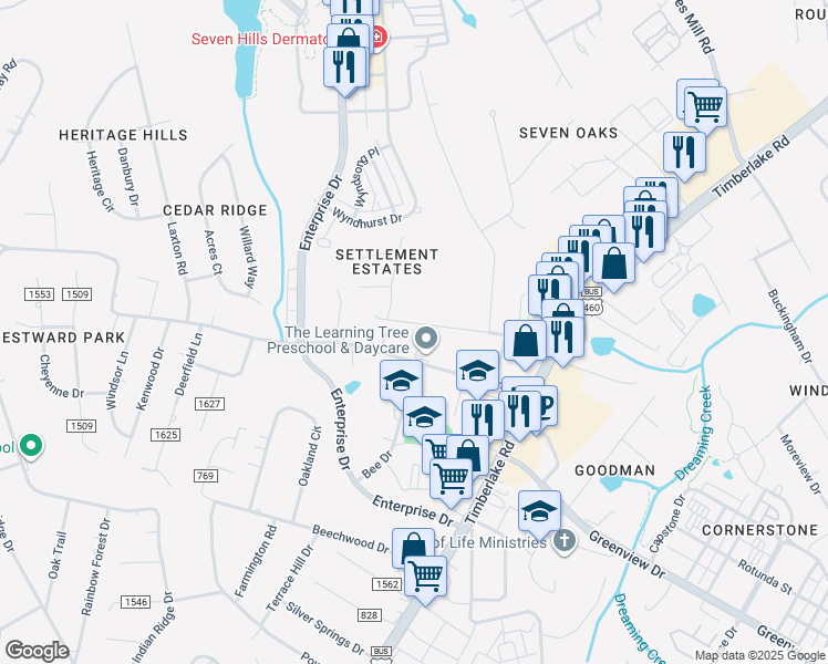 map of restaurants, bars, coffee shops, grocery stores, and more near 1218 Wood Road in Lynchburg