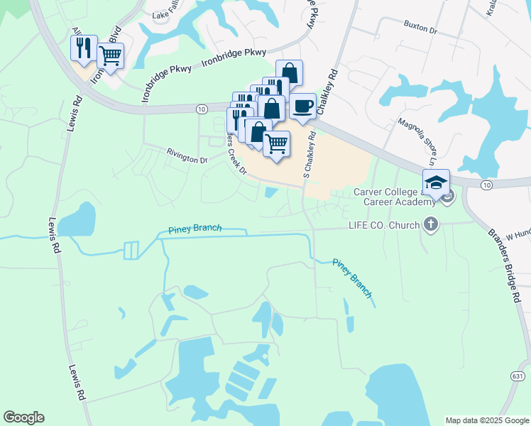map of restaurants, bars, coffee shops, grocery stores, and more near 11909 Quiet Pine Drive in Chester