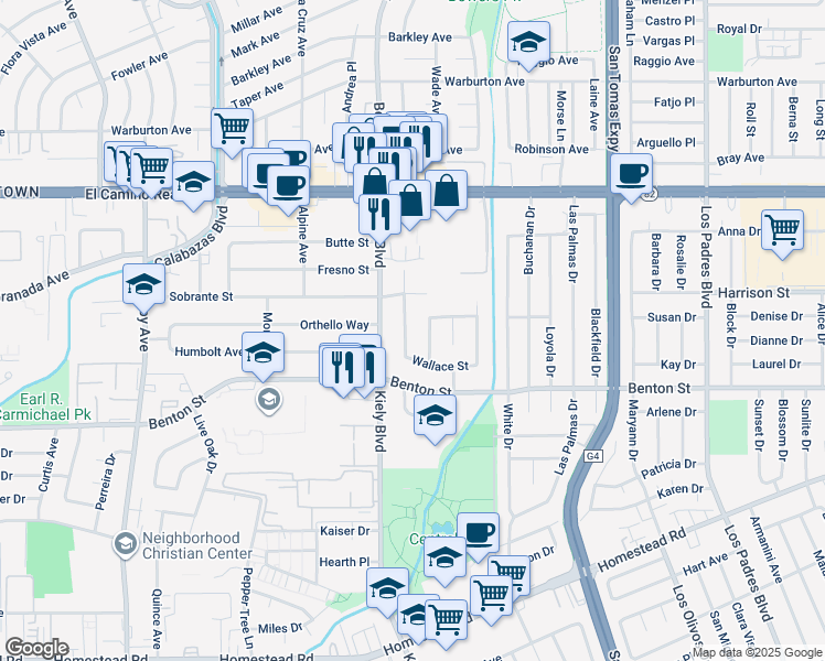 map of restaurants, bars, coffee shops, grocery stores, and more near 1225 Crowley Avenue in Santa Clara