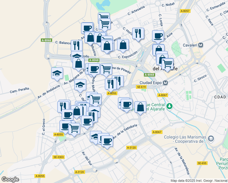 map of restaurants, bars, coffee shops, grocery stores, and more near 5 Calle el Valverdillo in Mairena del Aljarafe