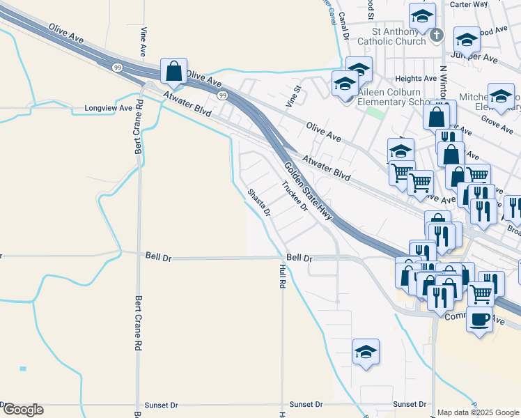 map of restaurants, bars, coffee shops, grocery stores, and more near 1953 Shasta Drive in Atwater