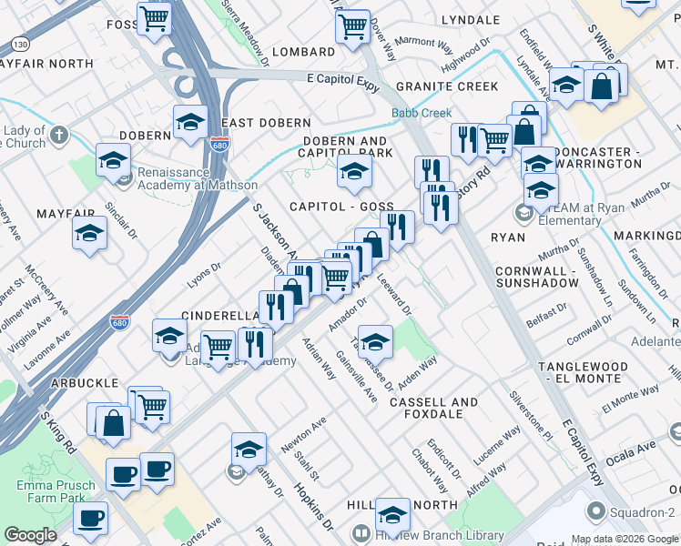 map of restaurants, bars, coffee shops, grocery stores, and more near 2418 Sleepy Hollow Lane in San Jose
