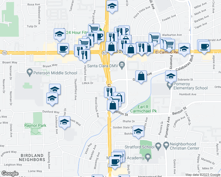 map of restaurants, bars, coffee shops, grocery stores, and more near 3500 Granada Avenue in Santa Clara