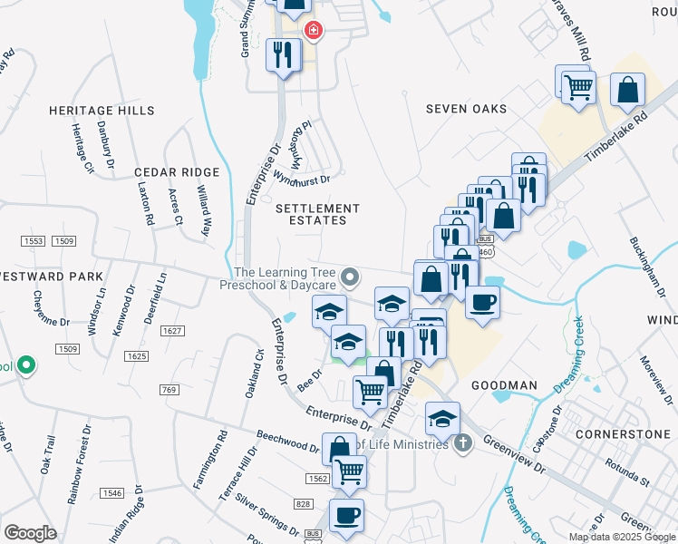 map of restaurants, bars, coffee shops, grocery stores, and more near 1218 Wood Road in Lynchburg