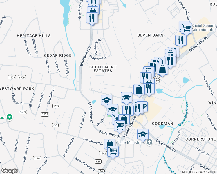 map of restaurants, bars, coffee shops, grocery stores, and more near 1318 Wood Road in Lynchburg