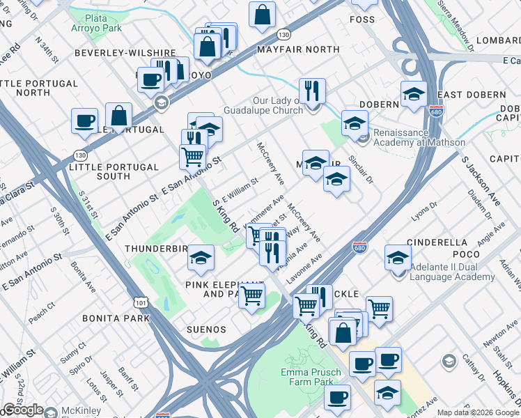 map of restaurants, bars, coffee shops, grocery stores, and more near 1795 Kammerer Avenue in San Jose