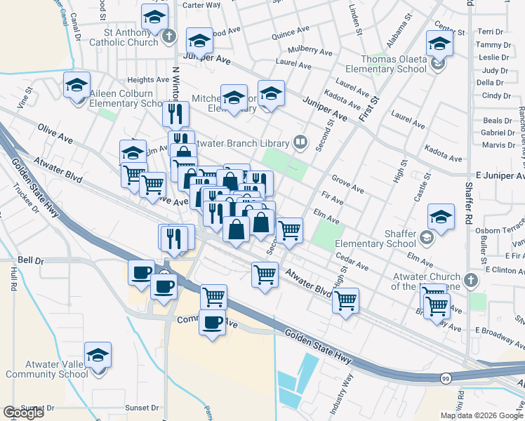 map of restaurants, bars, coffee shops, grocery stores, and more near 1230 Drakeley Avenue in Atwater