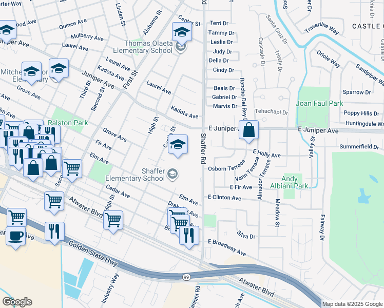 map of restaurants, bars, coffee shops, grocery stores, and more near 1675 Shaffer Road in Atwater