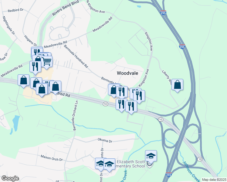 map of restaurants, bars, coffee shops, grocery stores, and more near 601 Bermuda Hundred Road in Chester