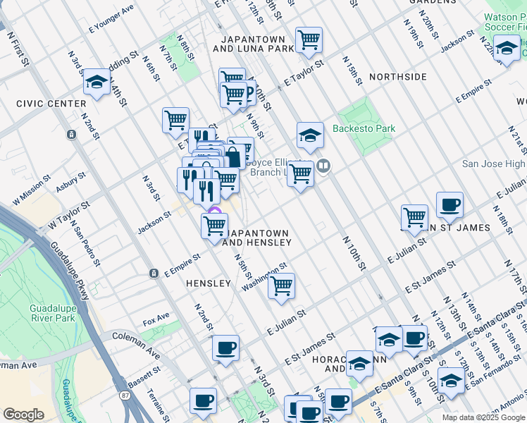 map of restaurants, bars, coffee shops, grocery stores, and more near 305 East Empire Street in San Jose