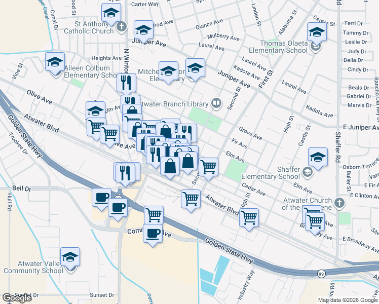 map of restaurants, bars, coffee shops, grocery stores, and more near 1230 Drakeley Avenue in Atwater