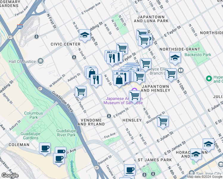 map of restaurants, bars, coffee shops, grocery stores, and more near 607 North 3rd Street in San Jose
