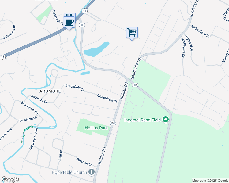 map of restaurants, bars, coffee shops, grocery stores, and more near 5917 Carolina Trail in Hollins