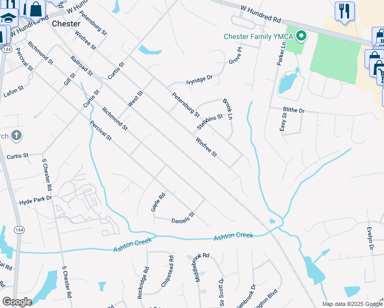 map of restaurants, bars, coffee shops, grocery stores, and more near 12617 Railroad Street in Chester