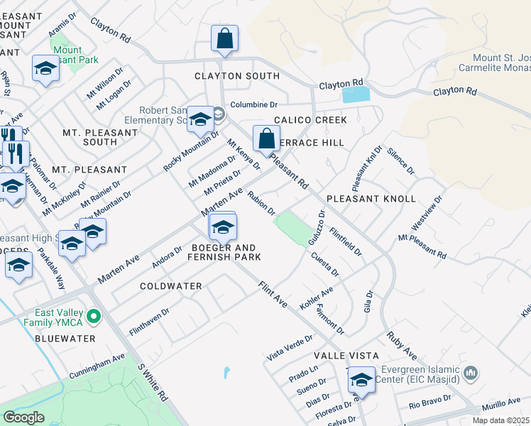 map of restaurants, bars, coffee shops, grocery stores, and more near 3440 Rubion Drive in San Jose