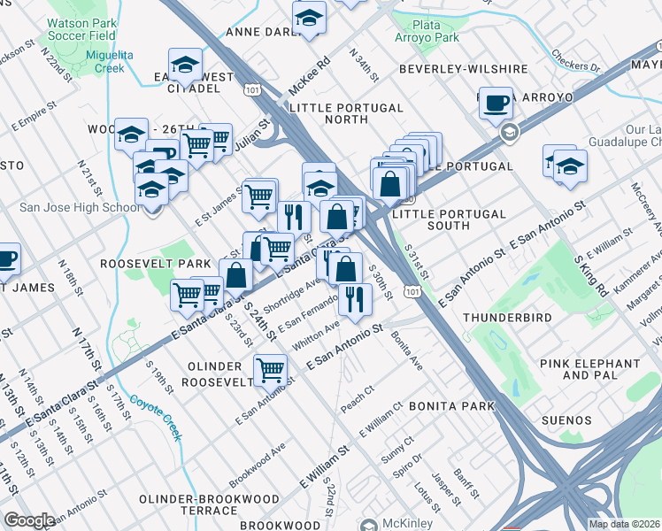 map of restaurants, bars, coffee shops, grocery stores, and more near 1393 Shortridge Avenue in San Jose